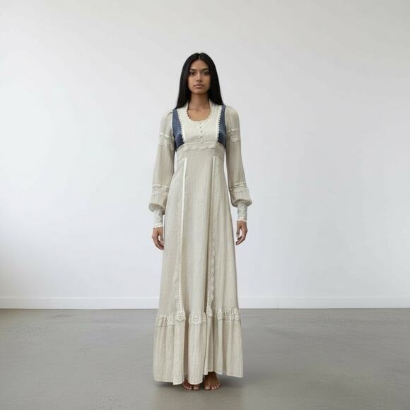 Gunne Sax Style Vintage 1970’s Peasant Dress Blue Velvet Panels Maxi Length XS - Picture 1 of 13